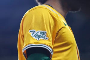 Close up of the sleeve of an Athletics uniform displaying a Las Vegas patch.