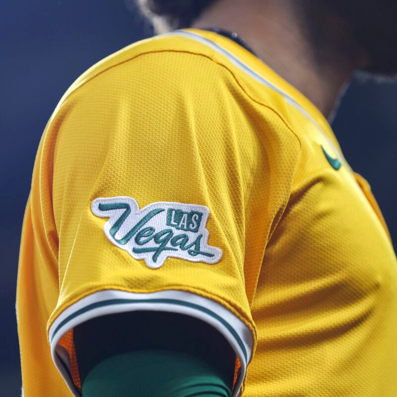Close up of the sleeve of an Athletics uniform displaying a Las Vegas patch.