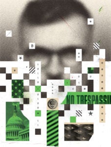 Illustration showing a blurred man's face behind a montage of graphic elements representing cybersecurity.