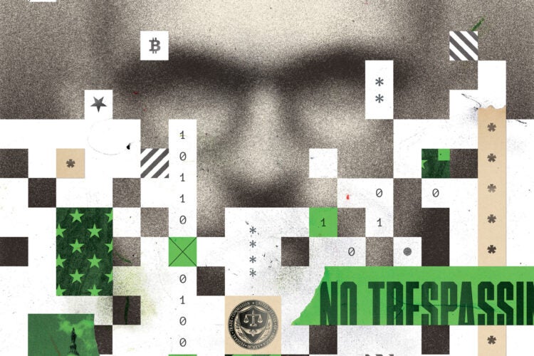 Illustration showing a blurred man's face behind a montage of graphic elements representing cybersecurity.