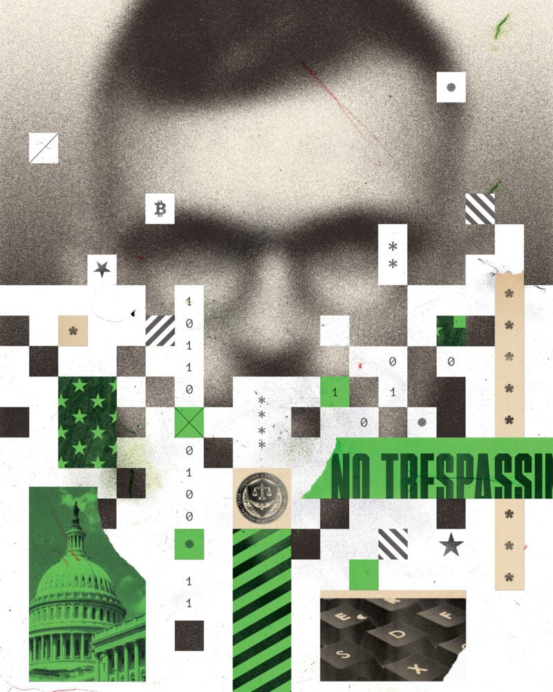 Illustration showing a blurred man's face behind a montage of graphic elements representing cybersecurity.