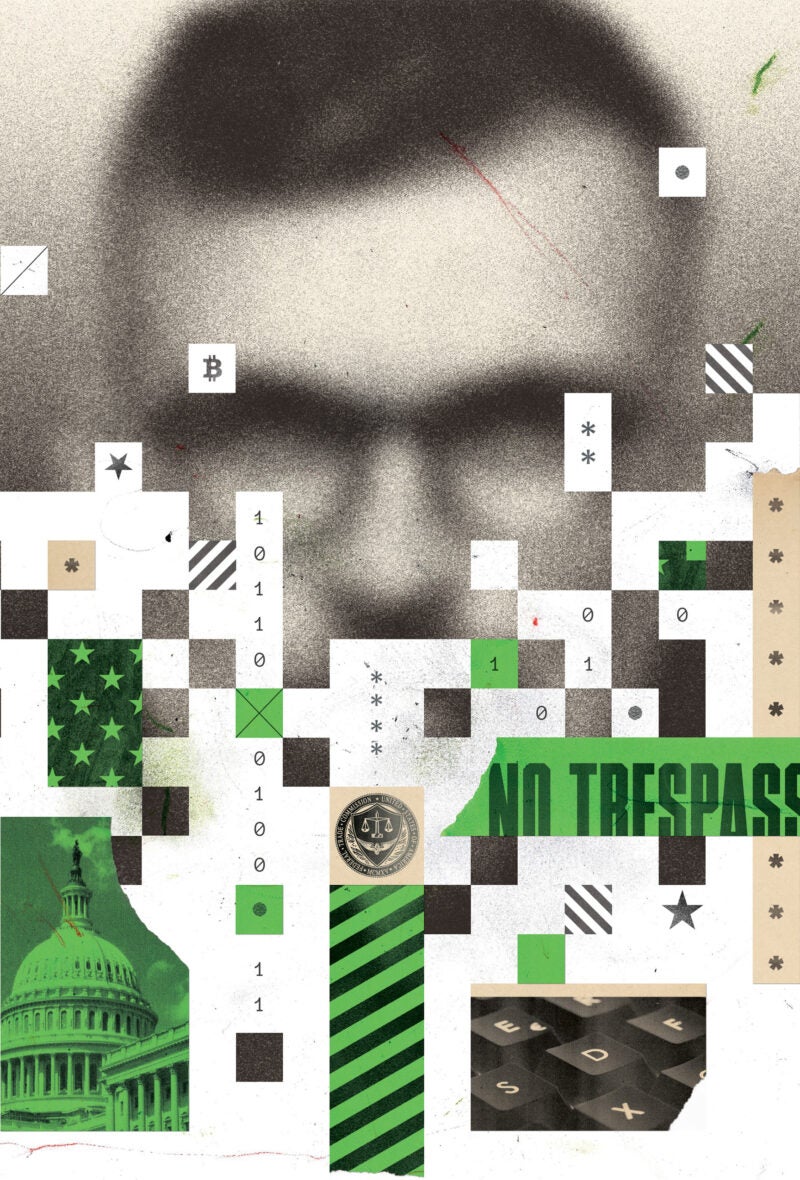 Illustration showing a blurred man's face behind a montage of graphic elements representing cybersecurity.