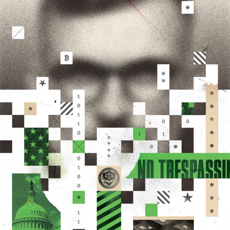 Illustration showing a blurred man's face behind a montage of graphic elements representing cybersecurity.