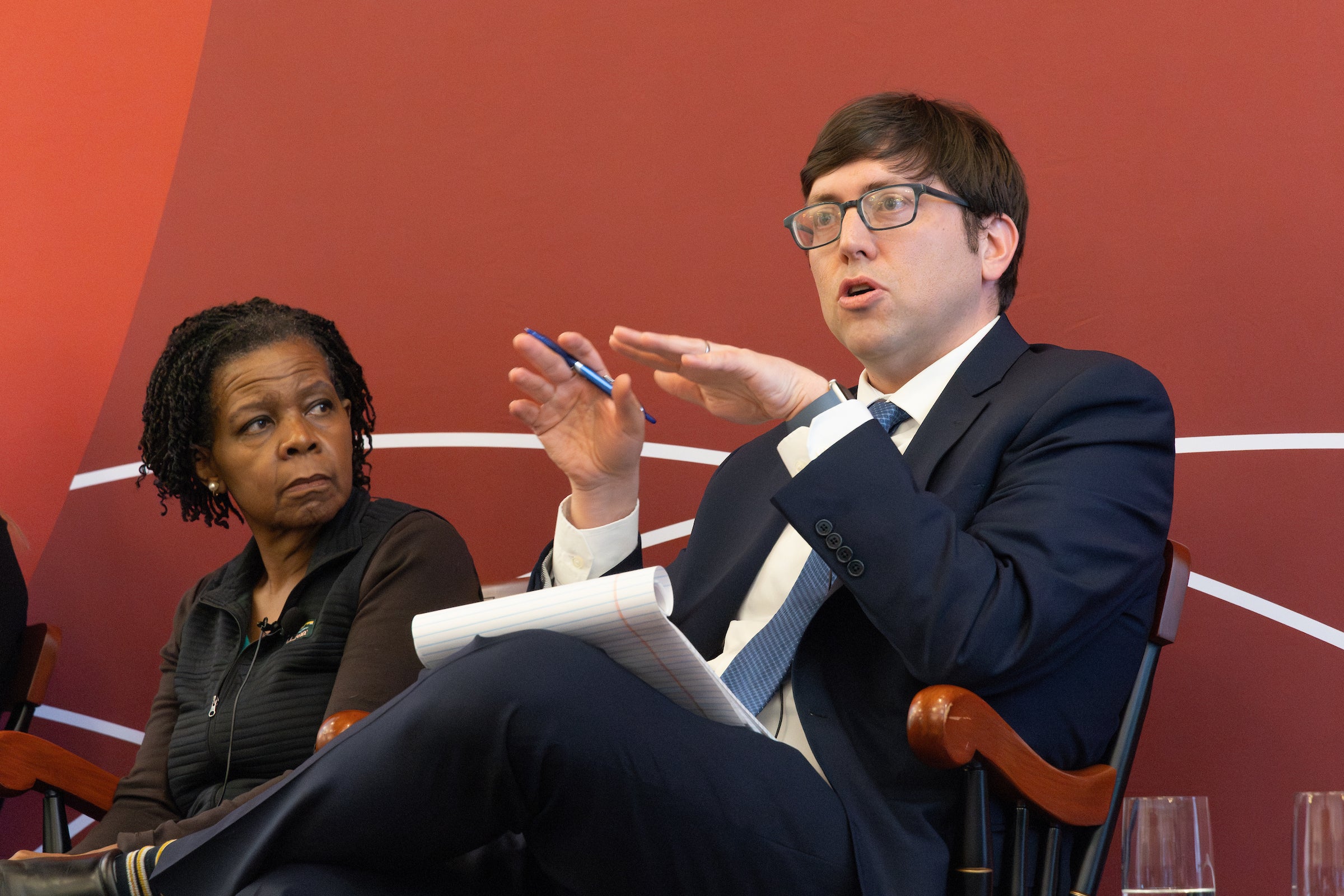 Richard Re speaking while Annette Gordon-Reed listens.