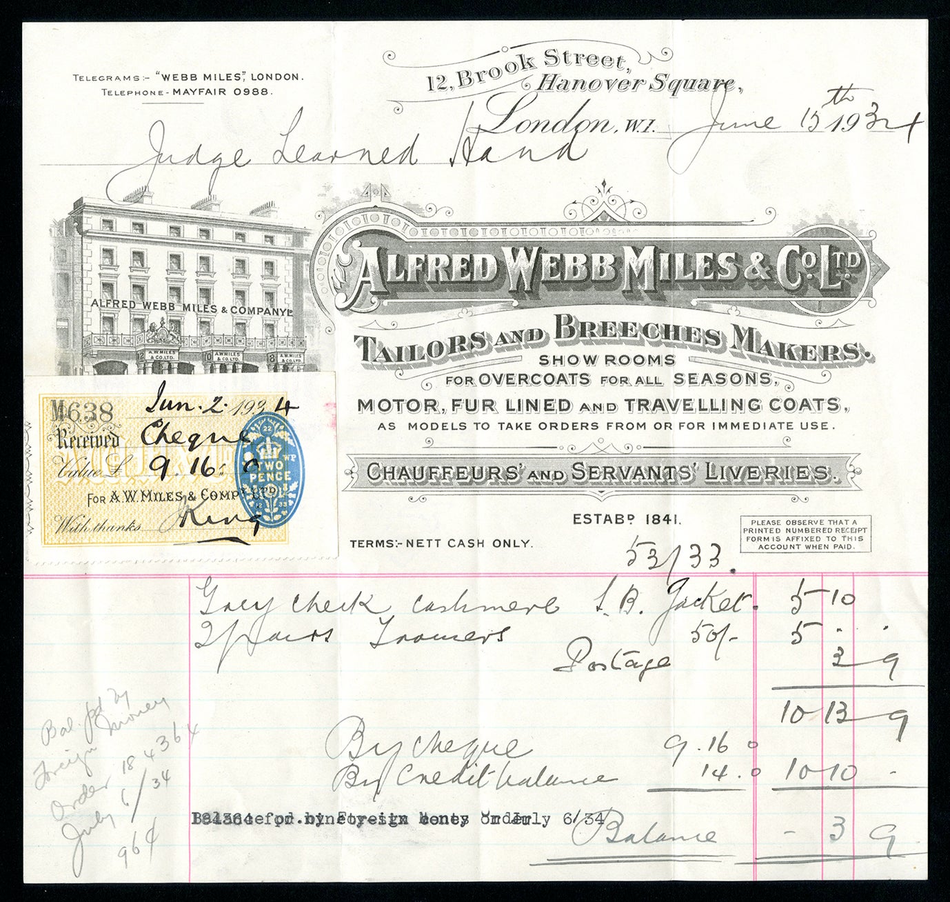 Printed invoice for a jacket and trousers with both typescript and handwritten text.