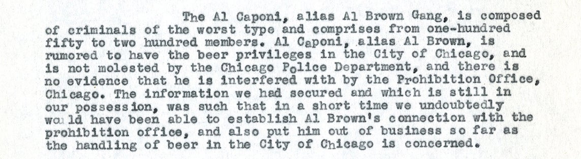 Eleven lines of text about Al Capone’s gang in Chicago from a typescript document.