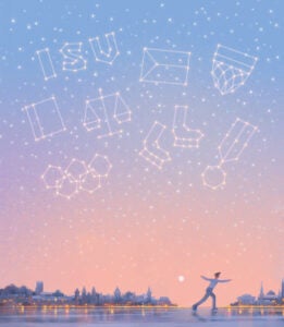 An illustration of a man skating between two cities with constellations in the sky representing his career accomplishments.