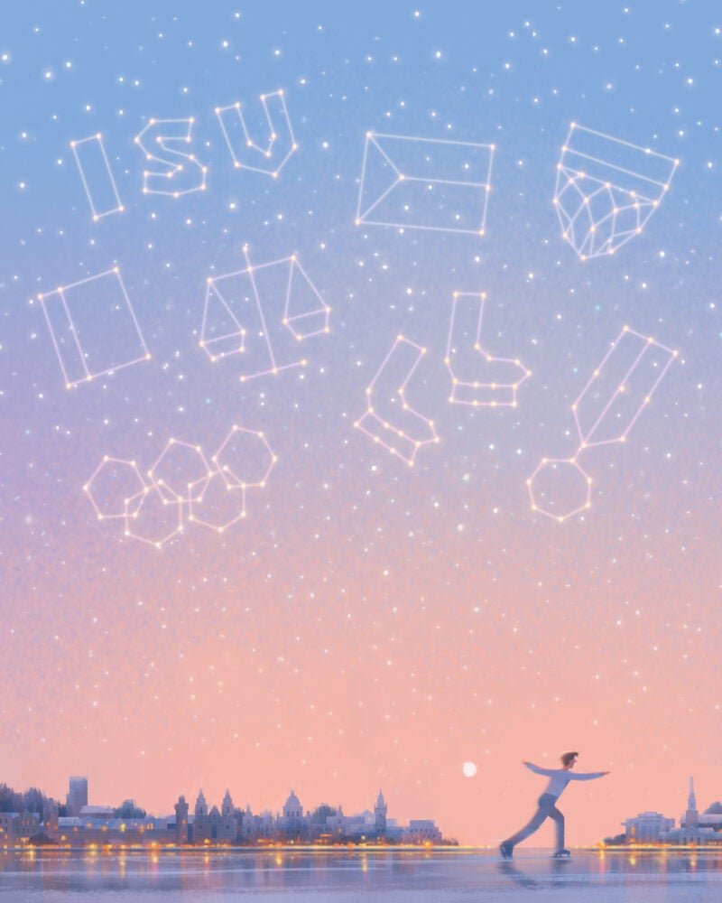 An illustration of a man skating between two cities with constellations in the sky representing his career accomplishments.
