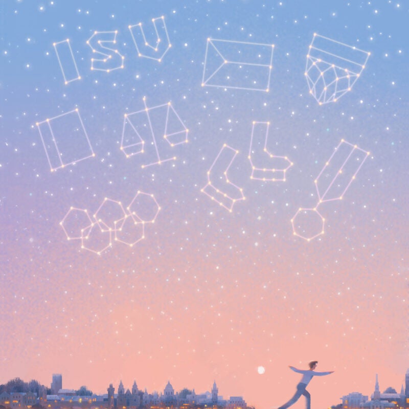An illustration of a man skating between two cities with constellations in the sky representing his career accomplishments.