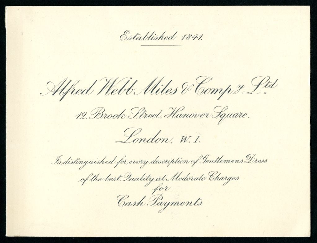 Cream colored card with printed black cursive text.