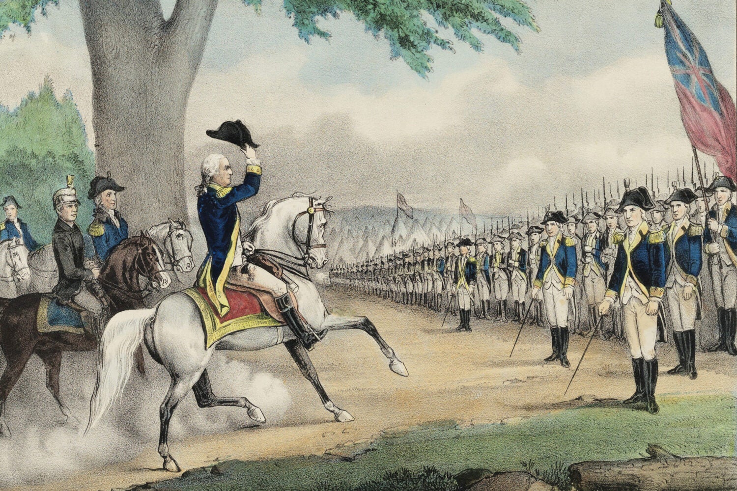 A Currier & Ives Illustration of George Washington on a horse taking command of the American Army in Cambridge in 1775.