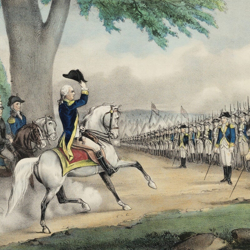 A Currier & Ives Illustration of George Washington on a horse taking command of the American Army in Cambridge in 1775.