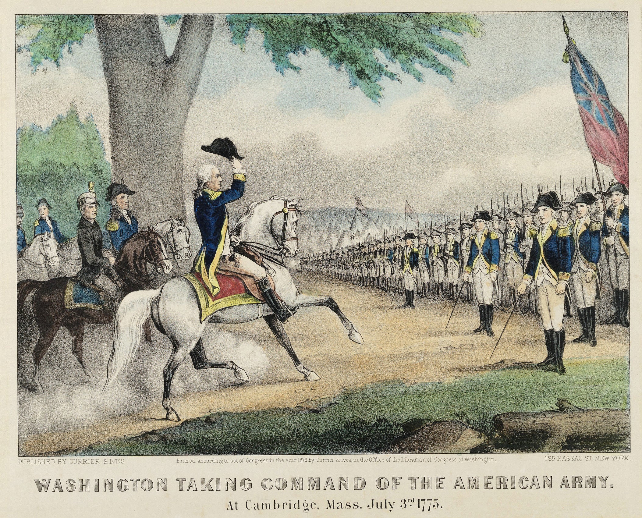 A Currier & Ives Illustration of George Washington on a horse taking command of the American Army in Cambridge in 1775.