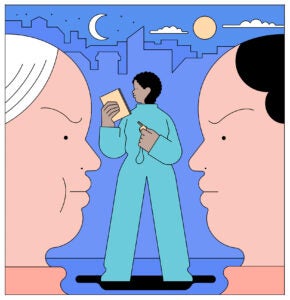 A colorful illustration depicting two people negotiating with different points of view.