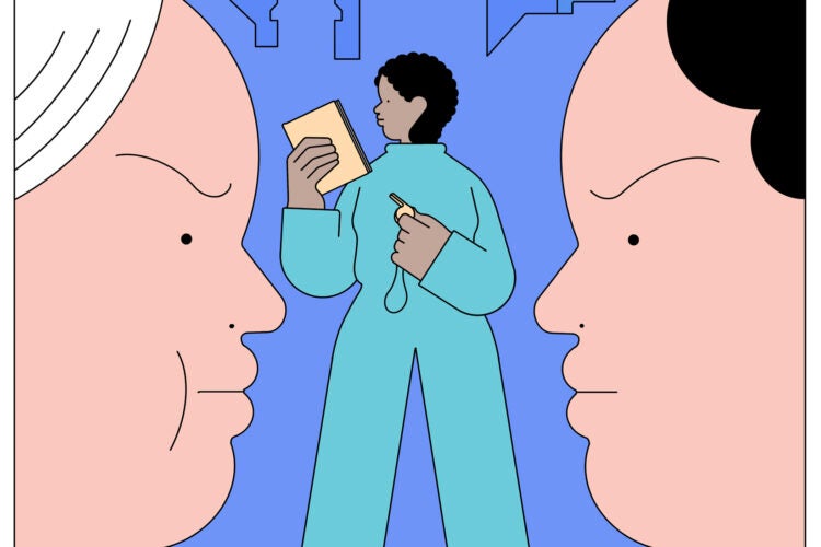 A colorful illustration depicting two people negotiating with different points of view.