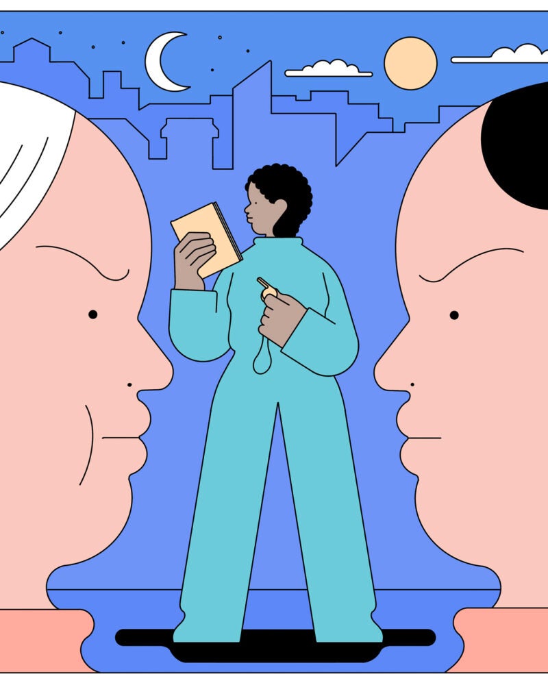 A colorful illustration depicting two people negotiating with different points of view.