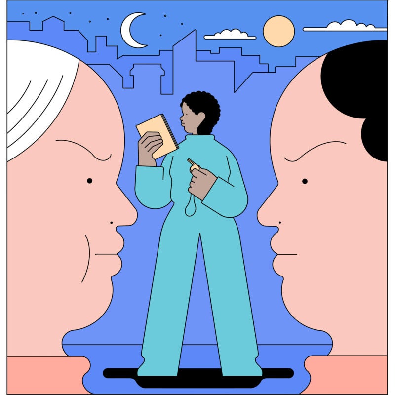 A colorful illustration depicting two people negotiating with different points of view.