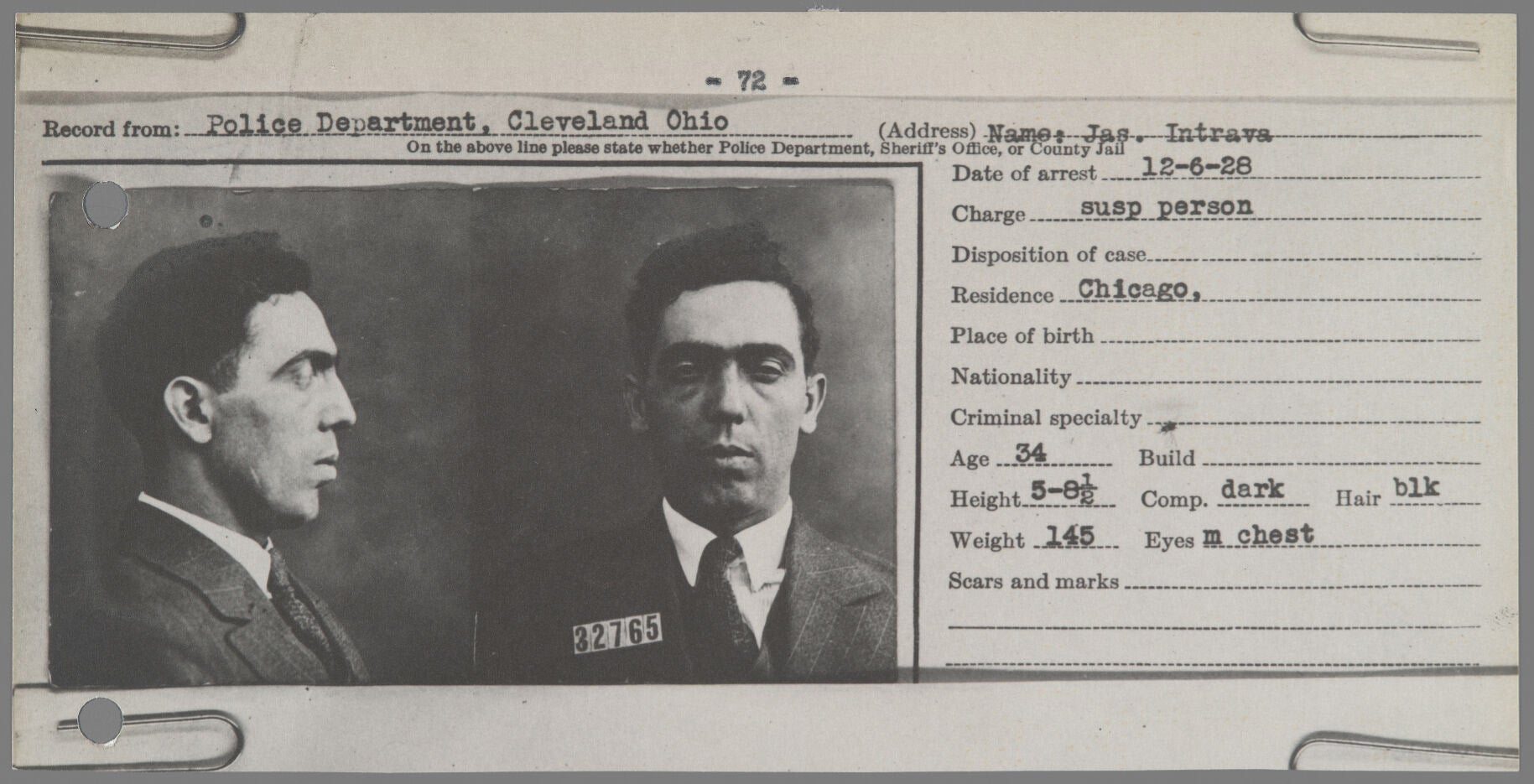 Partial police booking sheet including mug shot and text about the arrested, James Intravia. 