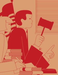 An illustration of a judge holding a in a courtroom and his clerk taking notes near a pile of law books in a courtroom.