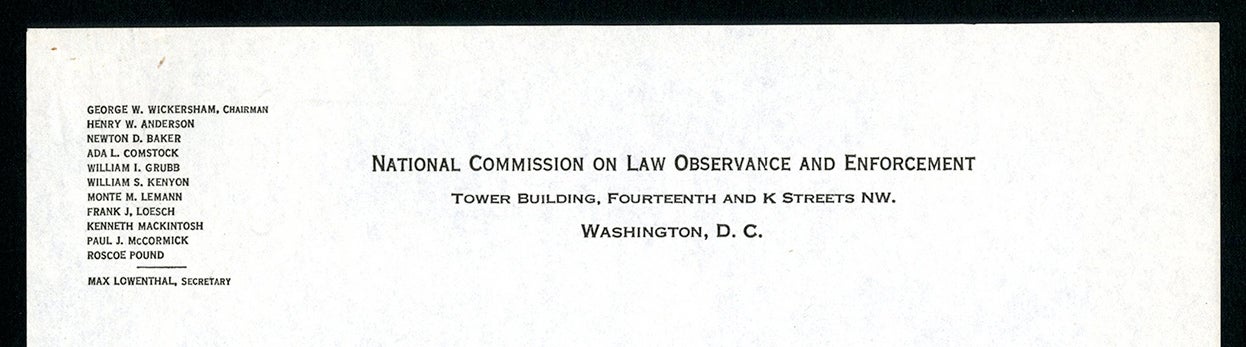 Detail top of letter showing National Commission on Law Observance and Enforcement letterhead. 
