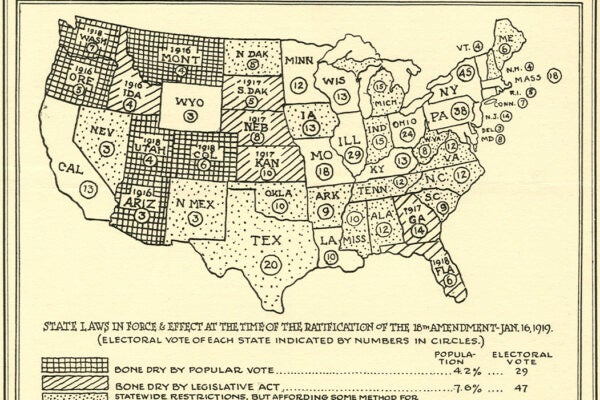 Detail of the front page of a pamphlet, showing a map of the United States with a key explaining which states are dry and which aren’t.