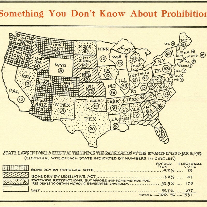 Detail of the front page of a pamphlet, showing a map of the United States with a key explaining which states are dry and which aren’t.