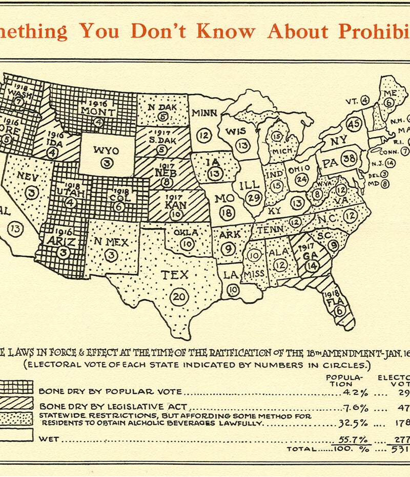 Detail of the front page of a pamphlet, showing a map of the United States with a key explaining which states are dry and which aren’t.