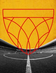 Illustration shows an athletic field with the Harvard Law School Shield marking the middle