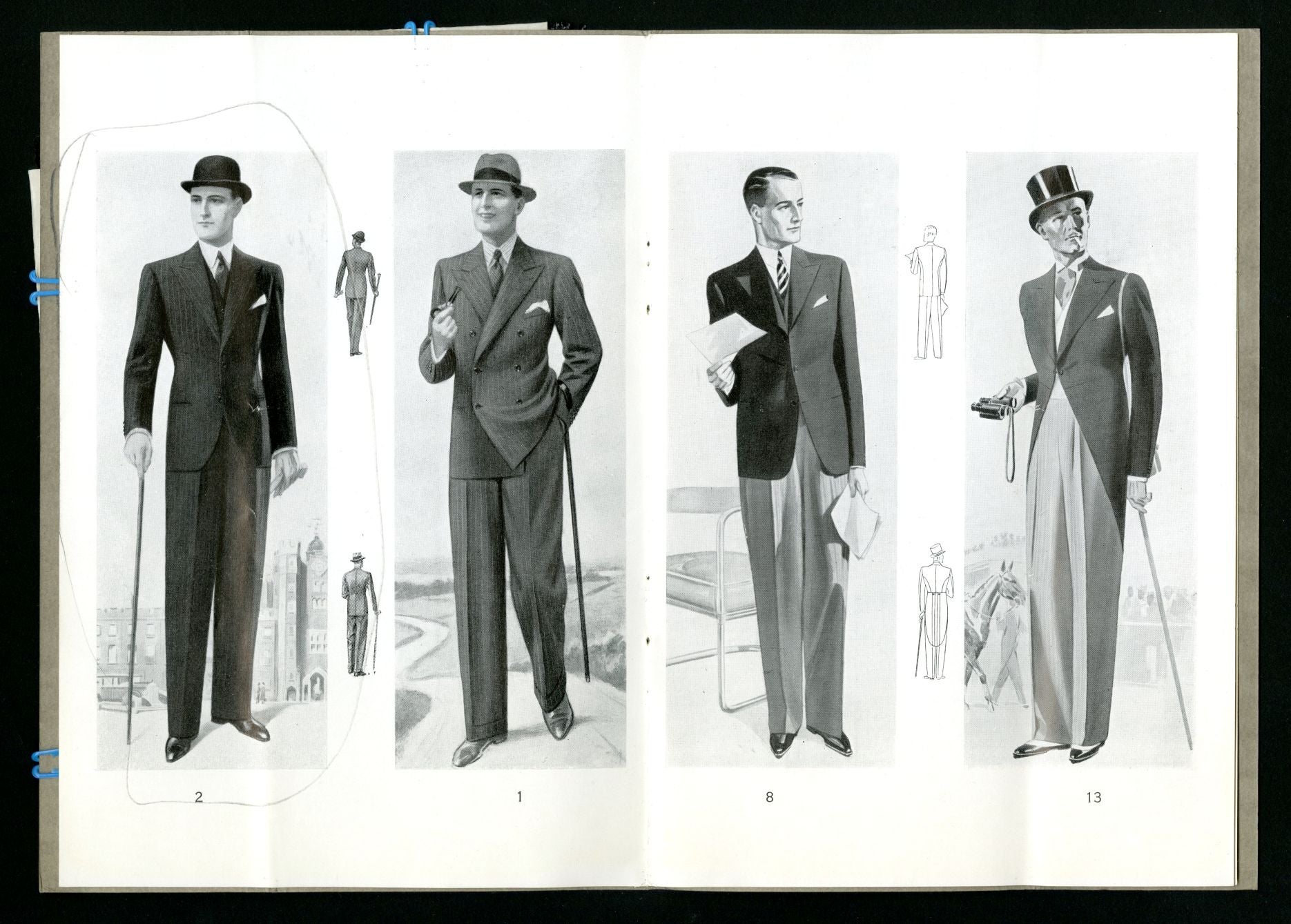 Open booklet showing four different numbered men’s suit styles. Number 2 on the far left is circled in pencil.