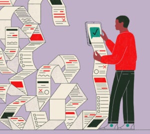 A person is looking at an ipad and reams of paper are flowing out with some correct and some incorrect information.