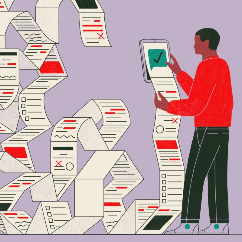 A person is looking at an ipad and reams of paper are flowing out with some correct and some incorrect information.