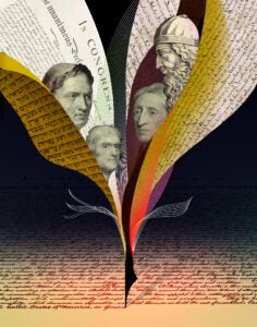 Illustration of a quill signing the U.S. Constitution with feathers filled in with the Magna Carta, the Torah, and the the Declaration of Independence with heads of historic figures Marcus Tullius Cicero, John Locke, Thomas Jefferson, and Aristotle.