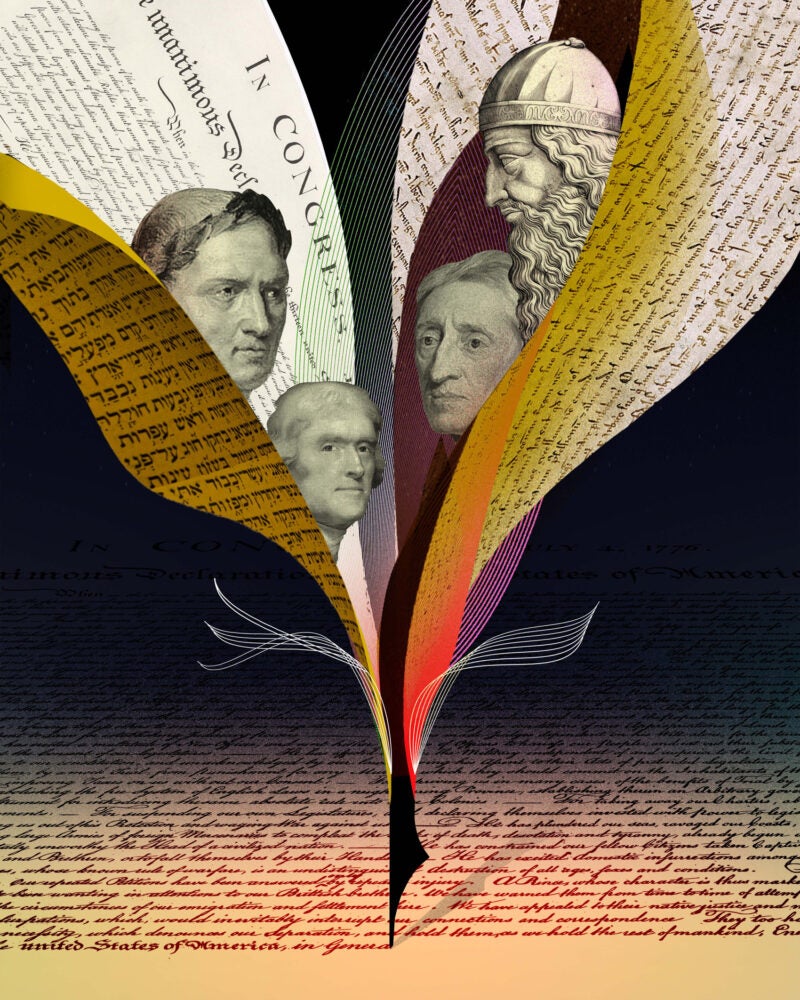 Illustration of a quill signing the U.S. Constitution with feathers filled in with the Magna Carta, the Torah, and the the Declaration of Independence with heads of historic figures Marcus Tullius Cicero, John Locke, Thomas Jefferson, and Aristotle.
