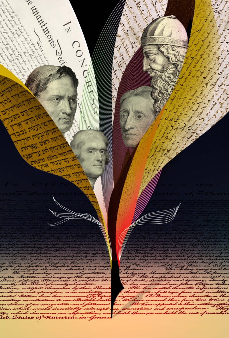 Illustration of a quill signing the U.S. Constitution with feathers filled in with the Magna Carta, the Torah, and the the Declaration of Independence with heads of historic figures Marcus Tullius Cicero, John Locke, Thomas Jefferson, and Aristotle.