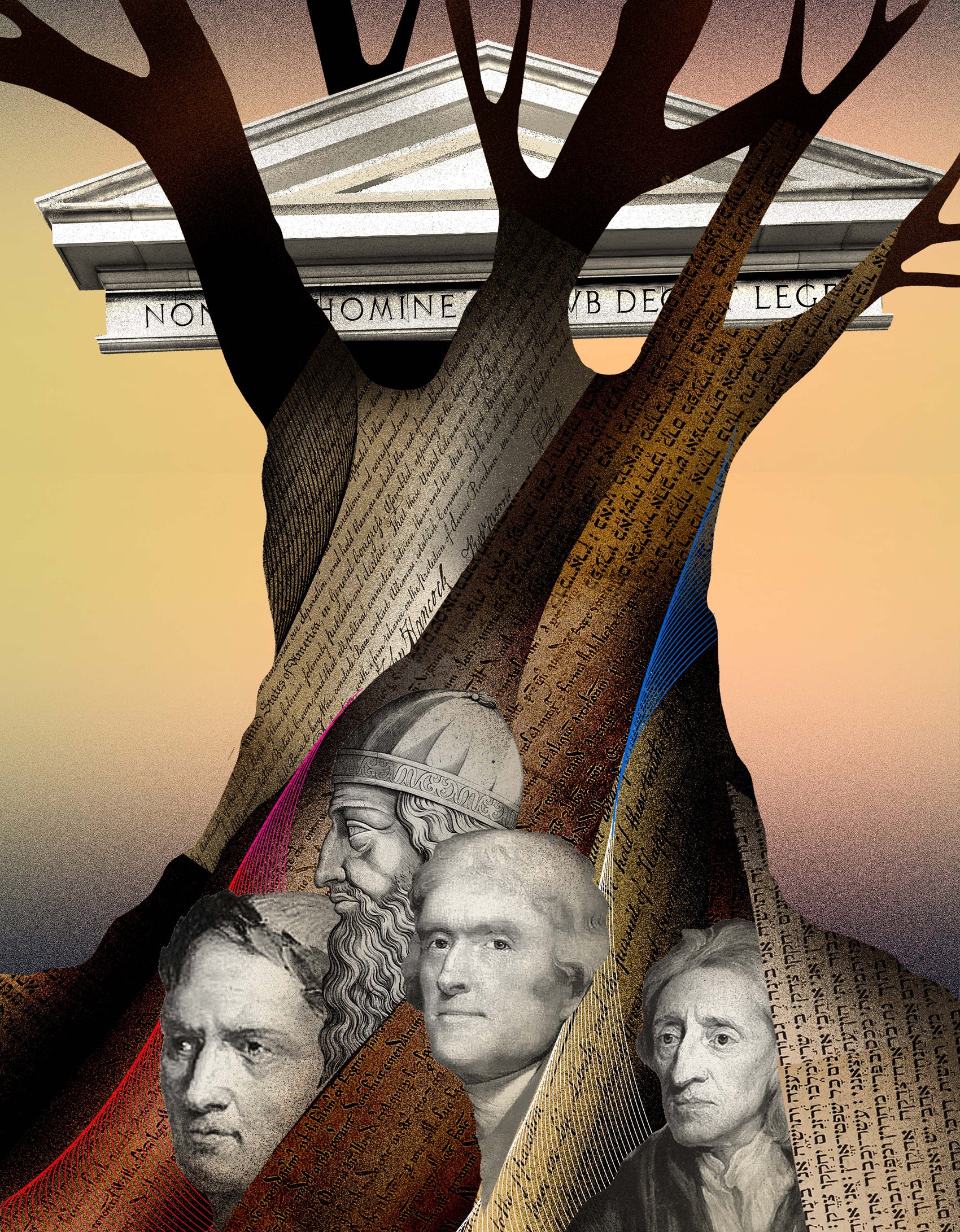 An illustration: A large tree with bark composed of the Magna Carta, the U.S. Constitution, and the Torah holds up the top of a building which says on Sub Homine Sed Sub Deo Et Lege,