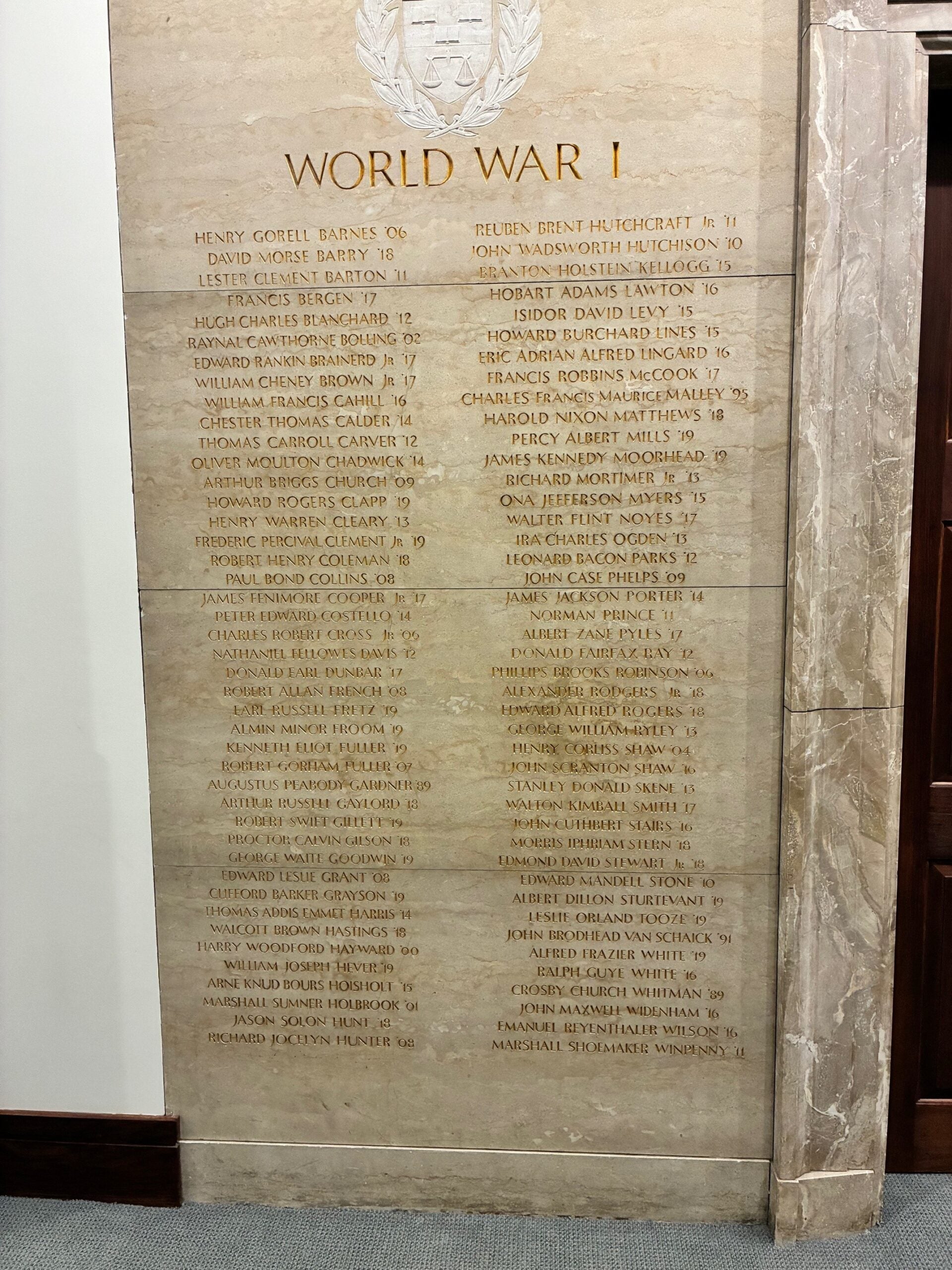 HLS memorial wall with list of alumni lost in World War 1.