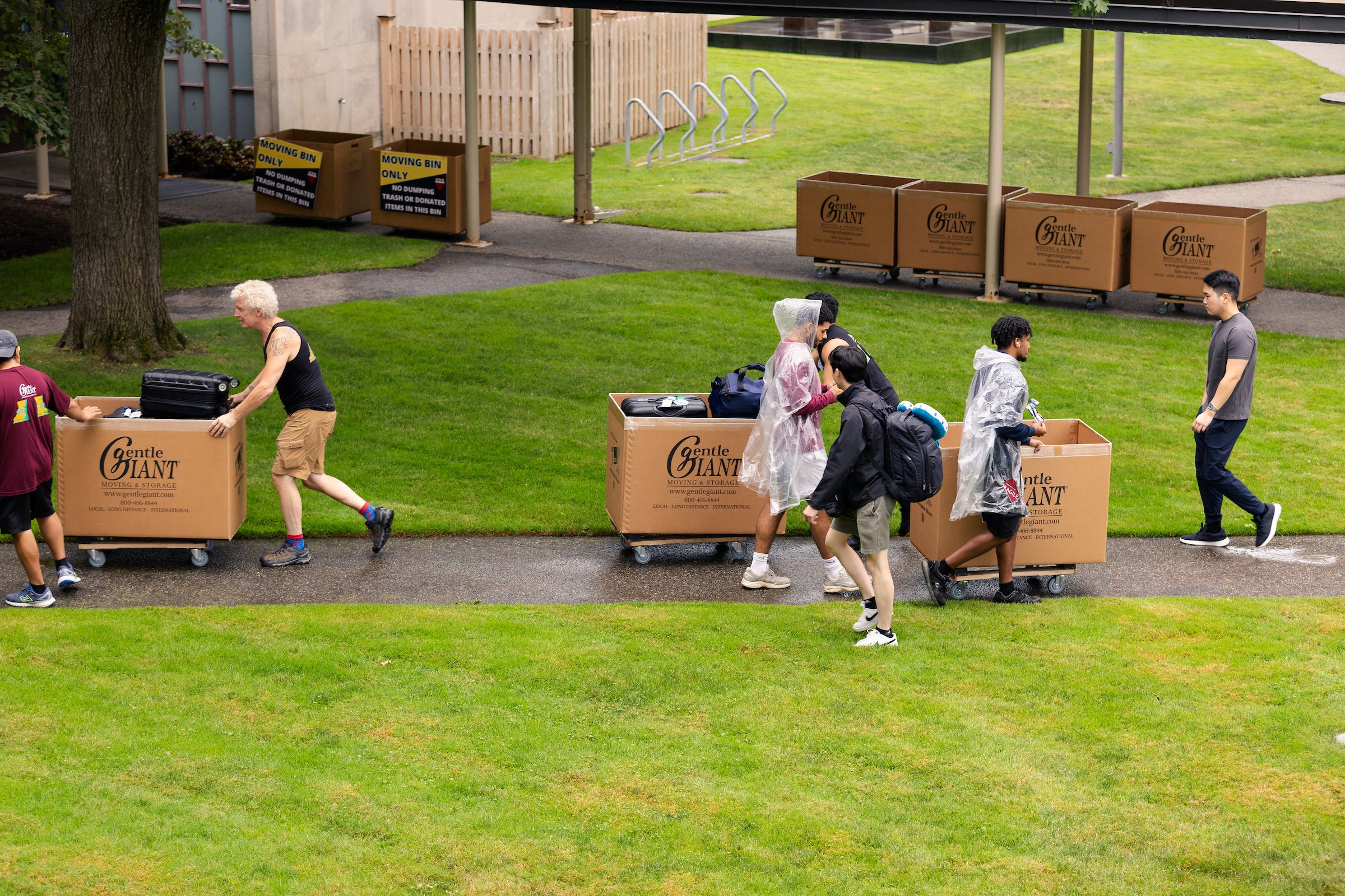 Students and parents, some wearing rain ponchos, push large cardboard boxes on wheels on a sidewalk between grass.
