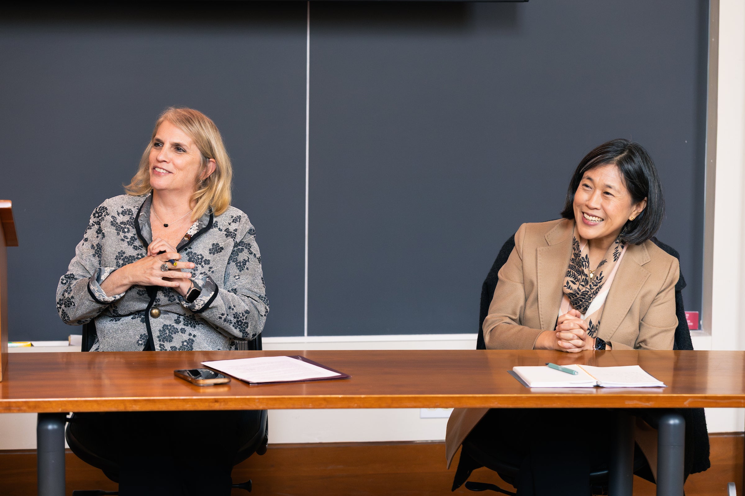 Sharon Block and Katherine Tai speak on a panel.