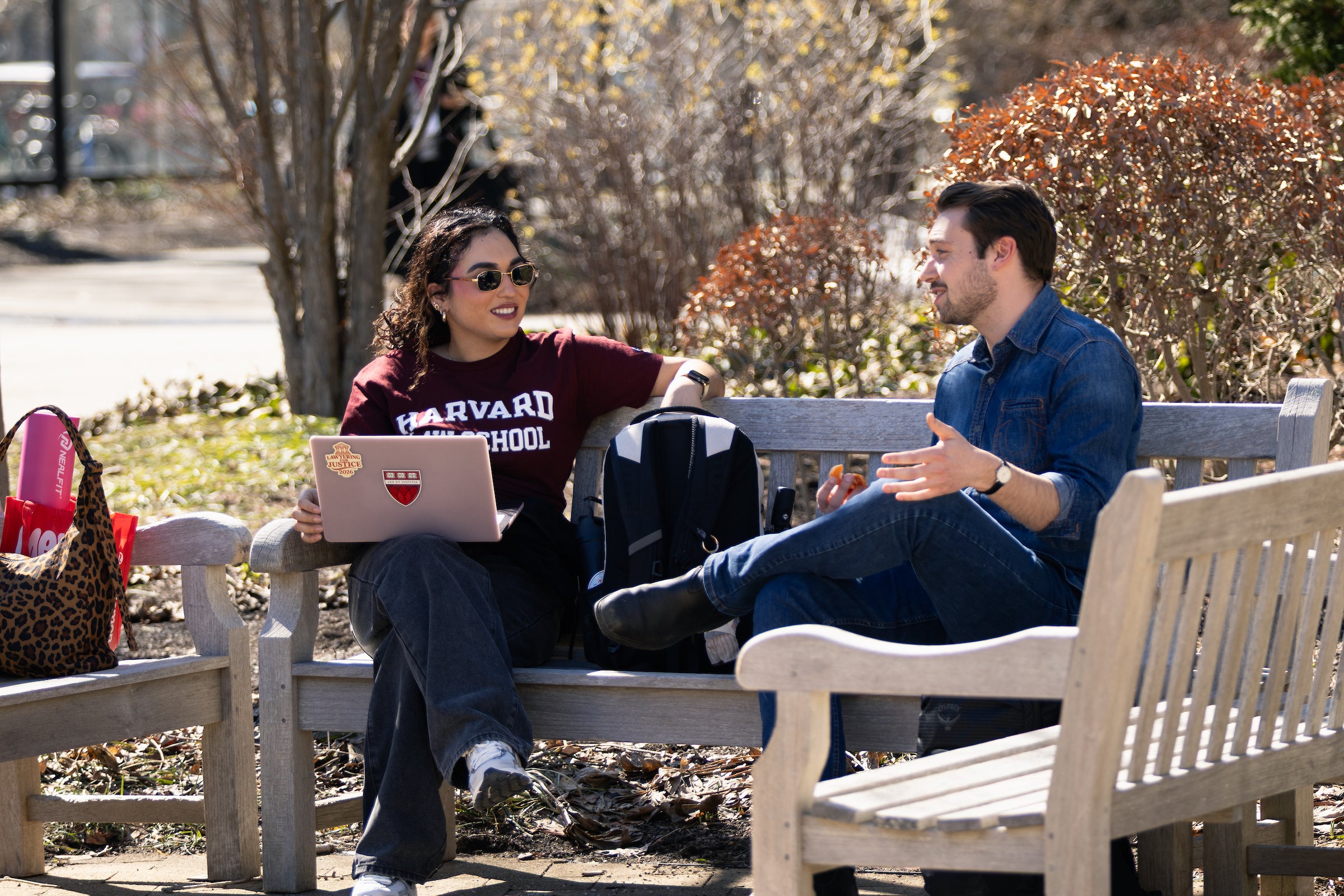 Two students sit on a bench in the sun.