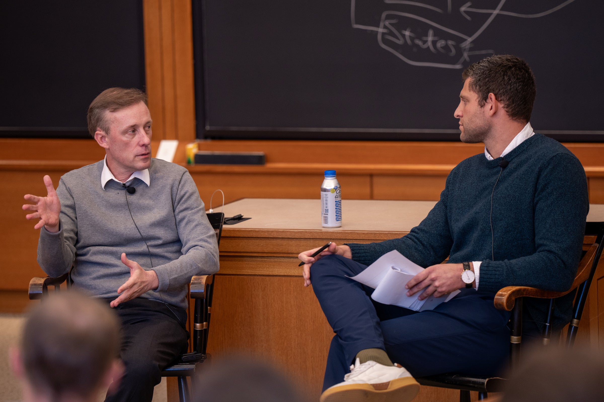 Jake Sullivan speaks to an audience in a classroom.