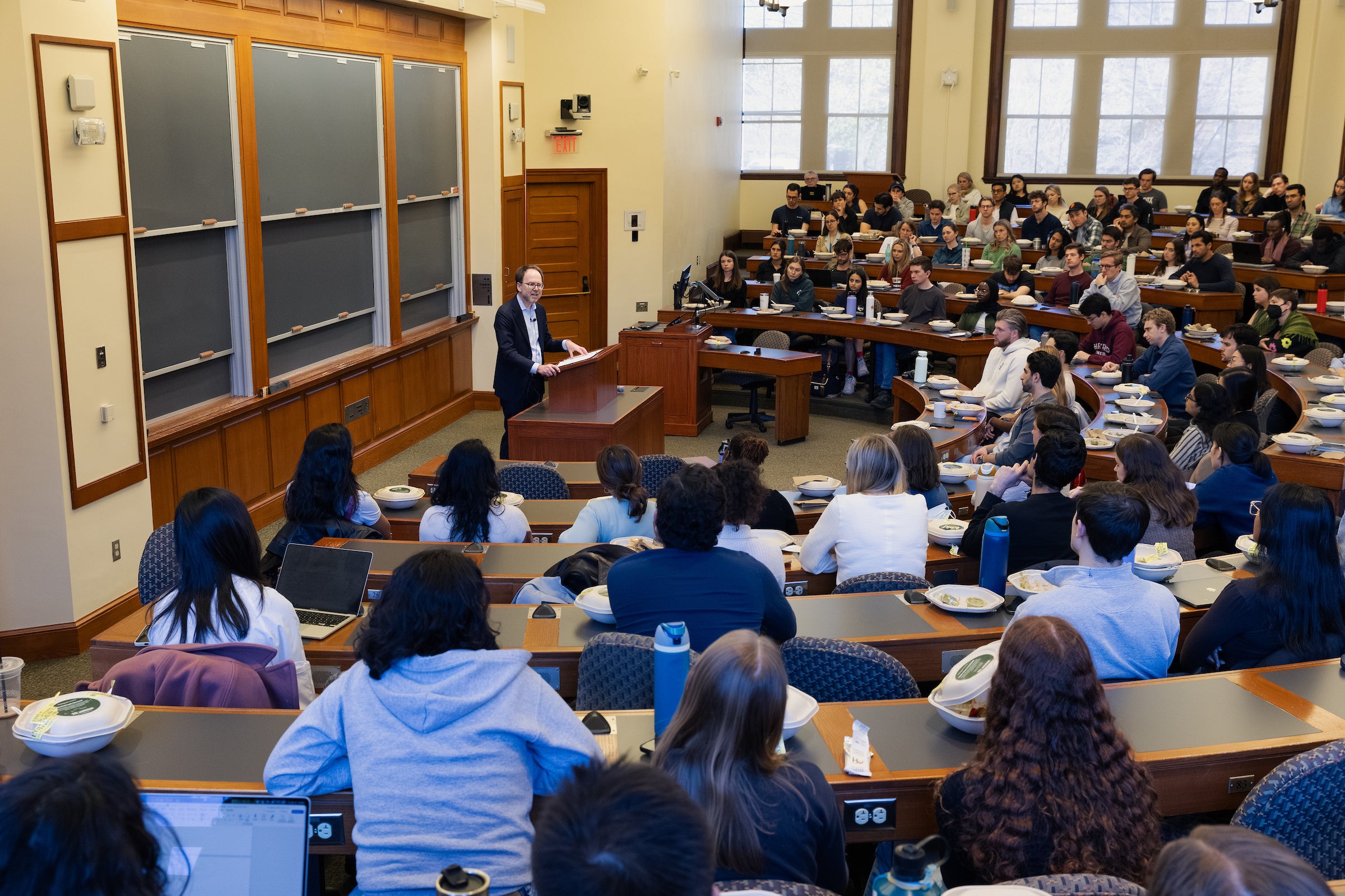 A classroom full of students listening to Ben Sachs delivering his Last Lecture.