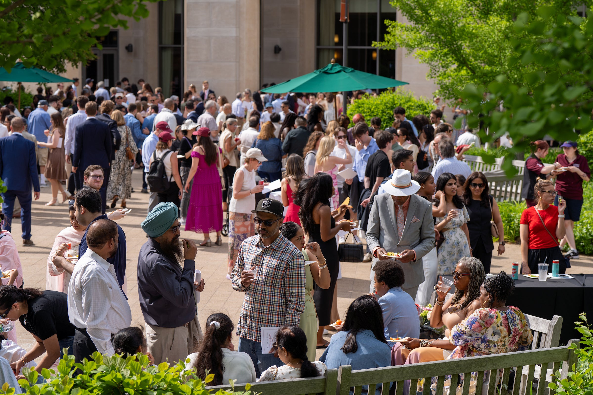 A large gathering of people socialize outdoors under green umbrellas and trees, enjoying food and drinks in a sunny courtyard.