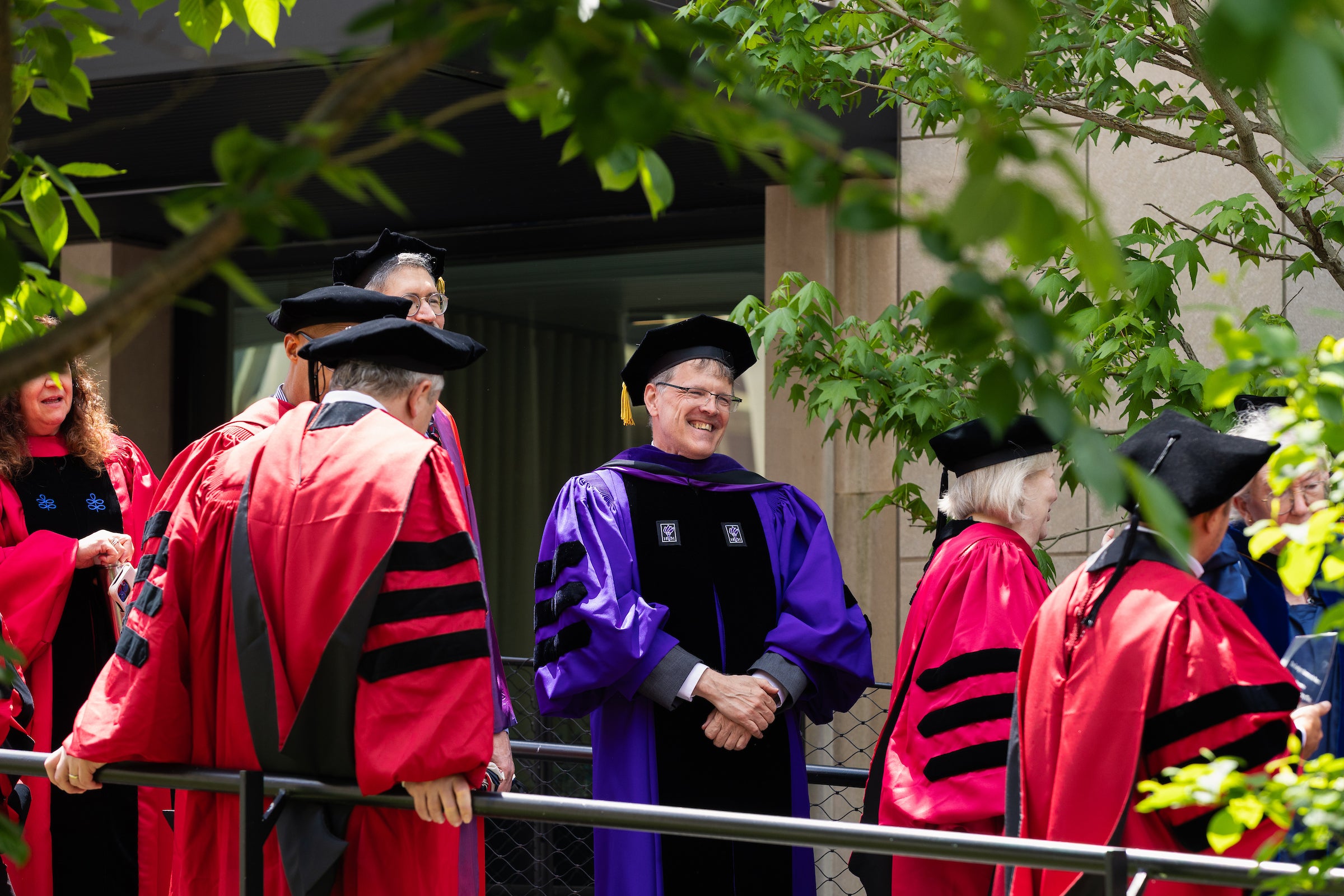 Harvard Law professors in academic regalia stand outdoors under trees, engaged in conversation.