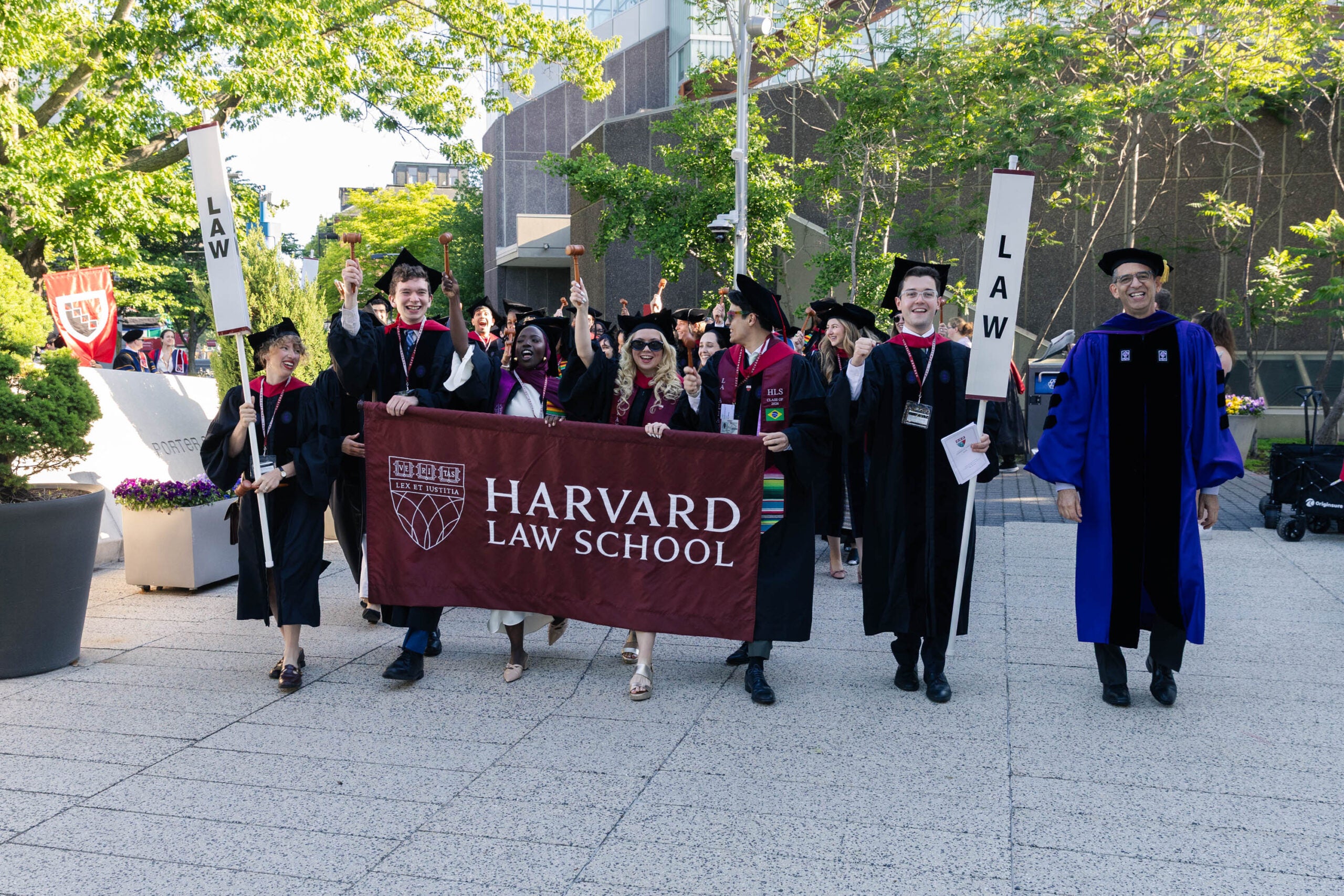 Graduates in academic regalia walk in a procession holding a Harvard Law School banner, signs, and gavels.