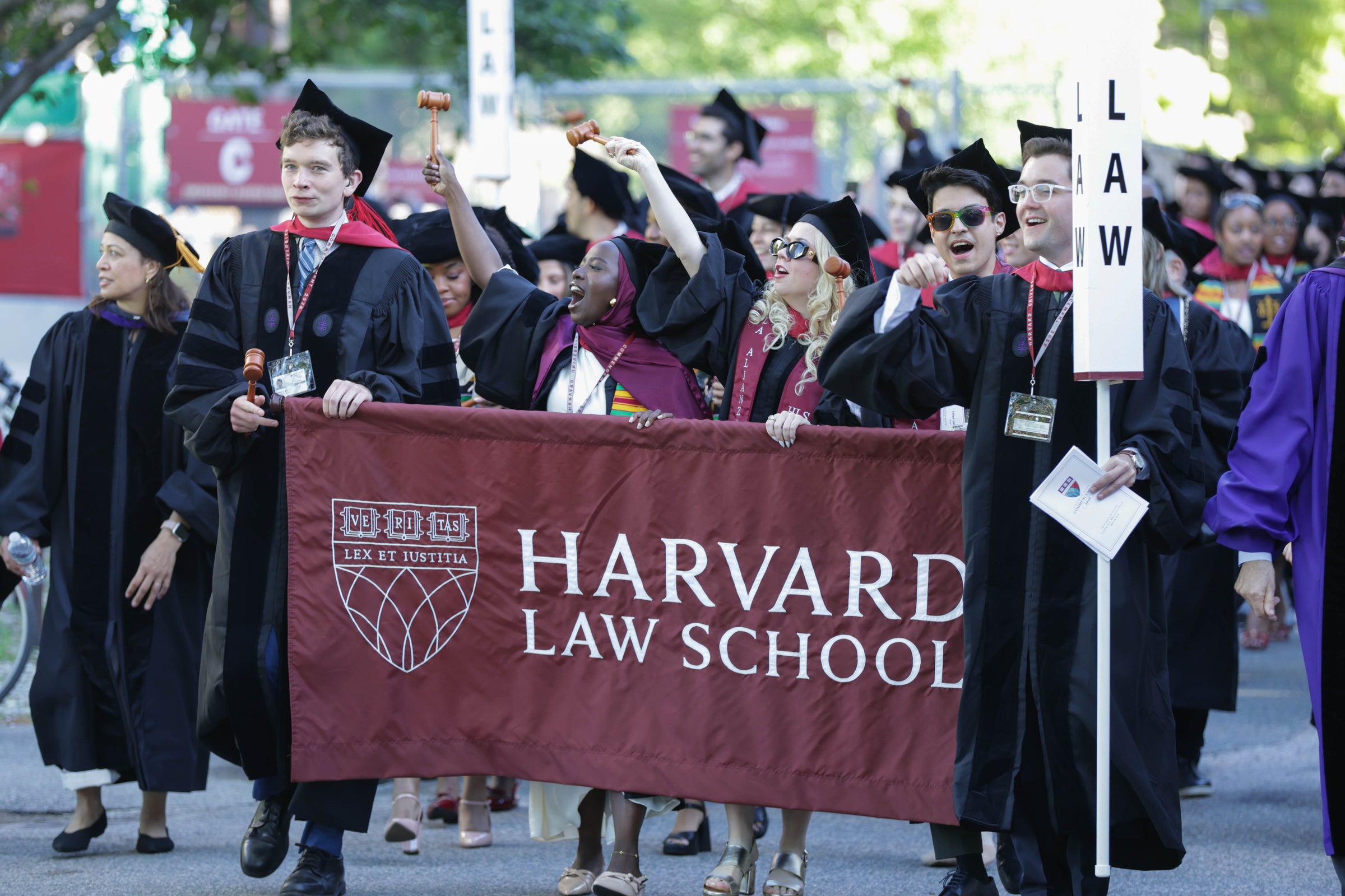 Graduates in black gowns and caps march in a procession, carrying a Harvard Law School banner and holding gavels.