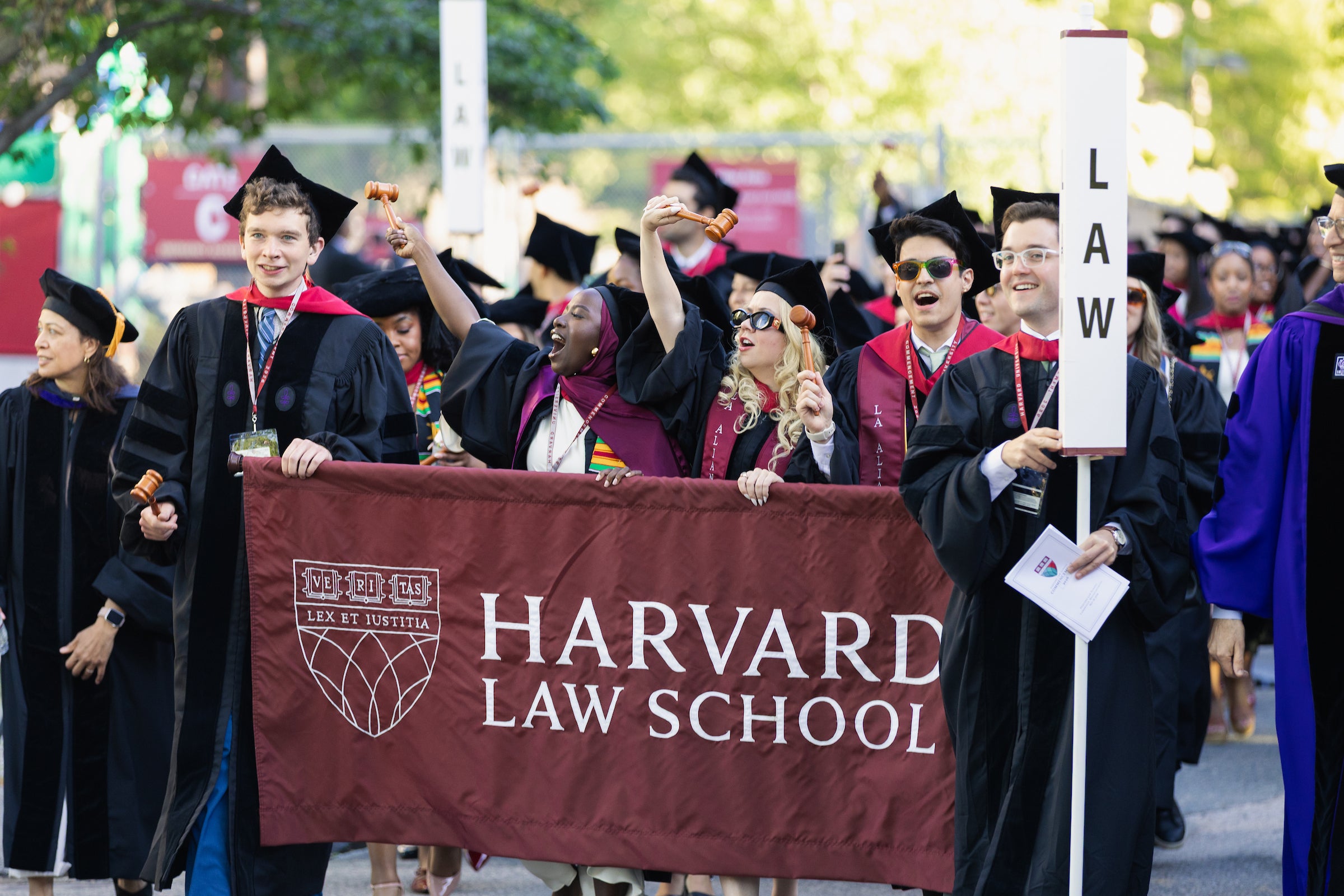 Graduates in black gowns and caps march in a procession, carrying a Harvard Law School banner and holding gavels.