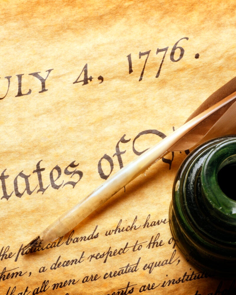 Quill and inkwell on top of Declaration of Independence.
