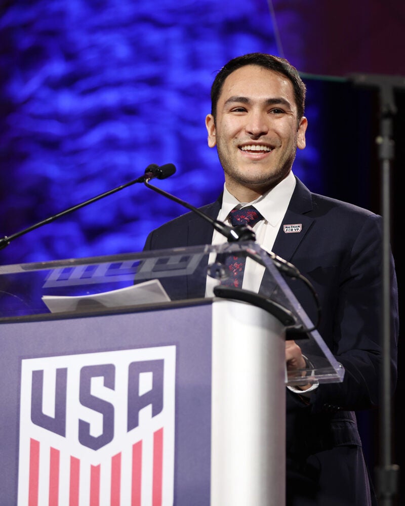 Nathán Goldberg Crenier speaks at the U.S. Soccer National Council Meeting in 2024.