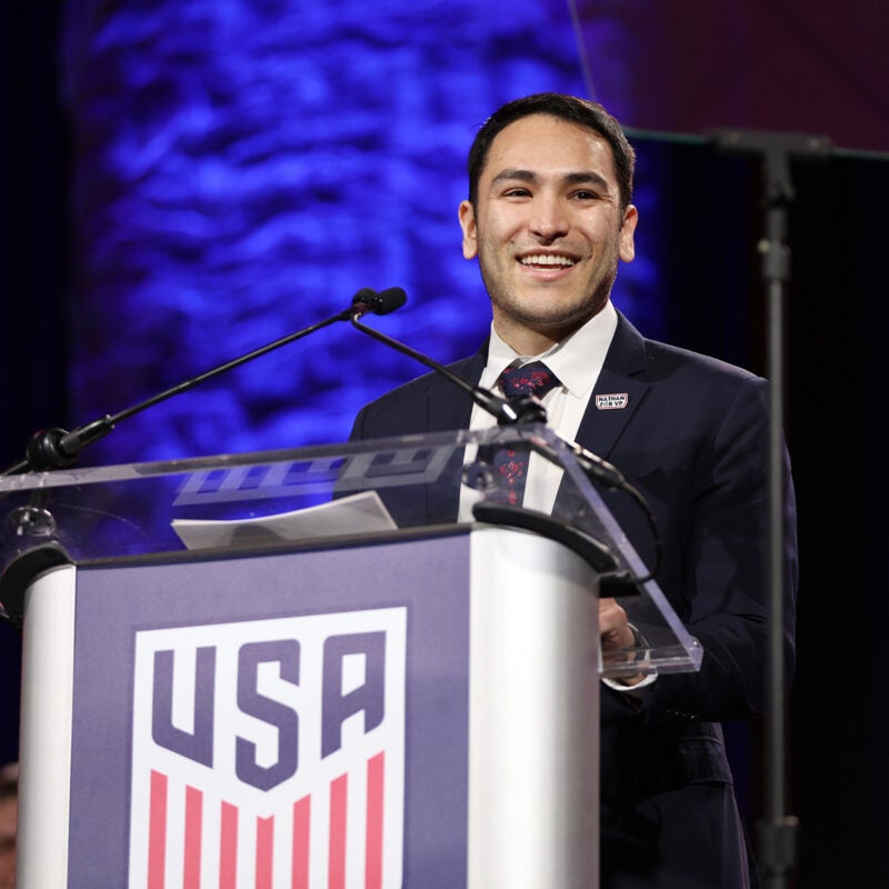 Nathán Goldberg Crenier speaks at the U.S. Soccer National Council Meeting in 2024.