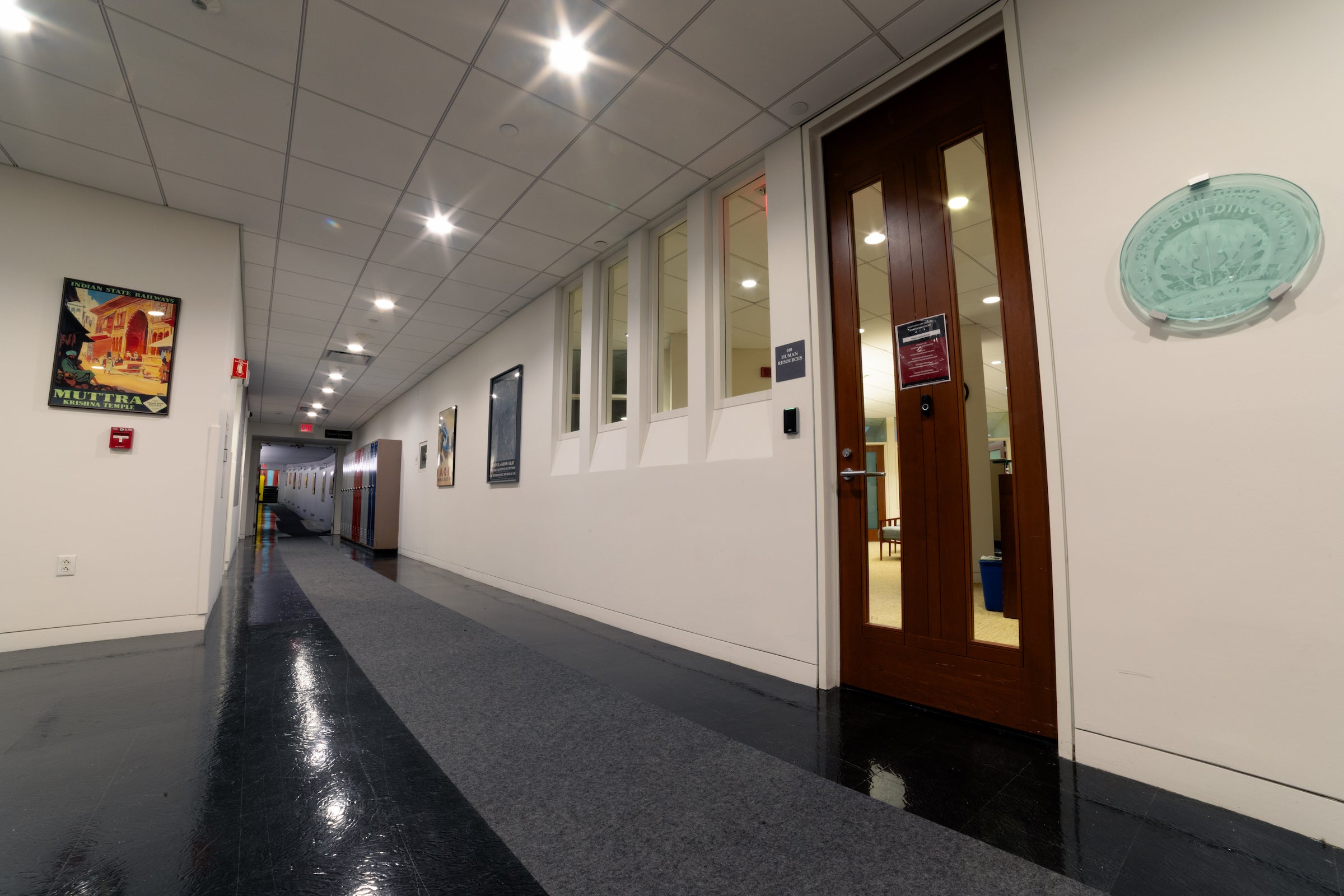 A view of an administrative office located near a tunnel which connects many buildings.